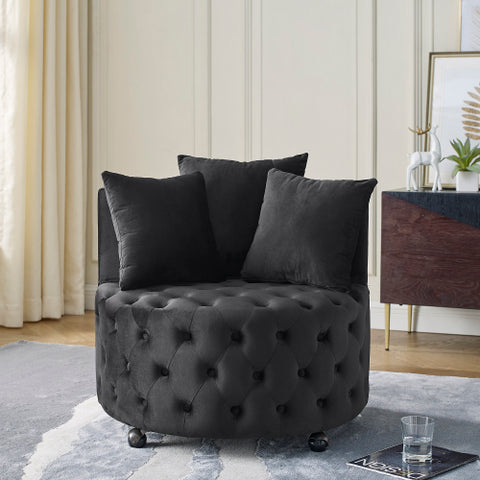 Velvet Upholstered Swivel Chair for Living Room, Button Tufted Design, Movable Wheels, Includes 3 Pillows, Stylish Accent Chair