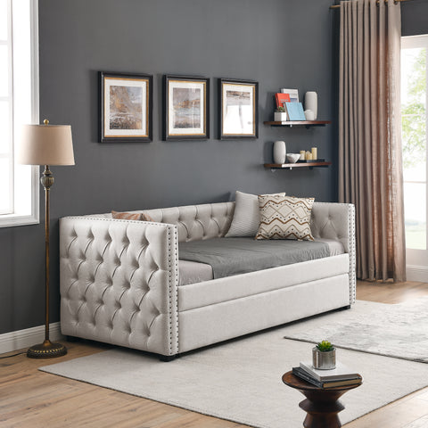 Daybed with Trundle, Upholstered Tufted Sofa Bed, Button & Copper Nail Detail on Square Arms, Twin Size, Beige (85"x42.5"x31.5")