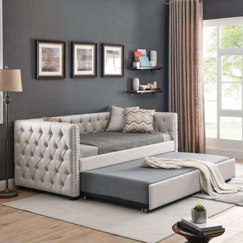 Daybed with Trundle, Upholstered Tufted Sofa Bed, Button & Copper Nail Detail on Square Arms, Twin Size, Beige (85"x42.5"x31.5")