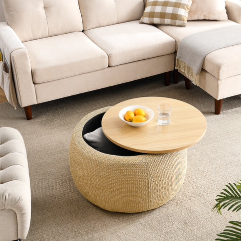 Round Storage Ottoman 2-in-1, End Table & Ottoman, Natural, 25.5"x25.5"x14.5", Hidden Storage for Living Room or Bedroom