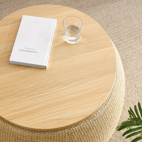 Round Storage Ottoman 2-in-1, End Table & Ottoman, Natural, 25.5"x25.5"x14.5", Hidden Storage for Living Room or Bedroom
