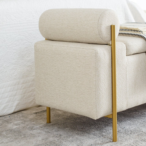 Elegant Beige Upholstered Linen Ottoman Chair with Storage, Cylindrical Arms&Iron Legs, Perfect for Hallway, Living Room&Bedroom