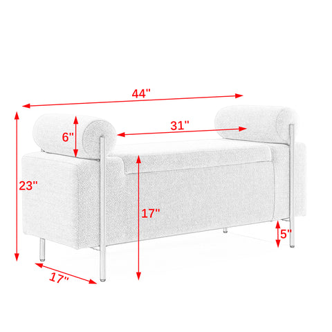 Elegant Beige Upholstered Linen Ottoman Chair with Storage, Cylindrical Arms&Iron Legs, Perfect for Hallway, Living Room&Bedroom