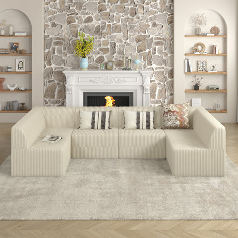 Minimalist U-Shaped Sectional Sofa – Compressed Corduroy Couch, Sleeper Design for Living Room & Bedroom,Space-Efficient Comfort