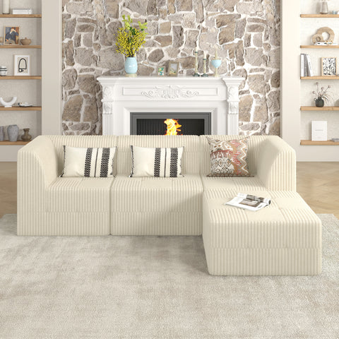 L-Shape Modular Sectional Sofa, DIY Compressed Corduroy Couch in Modern Minimalist Style, Space-Efficient Sleeper Sofa for Living Room and Bedroom