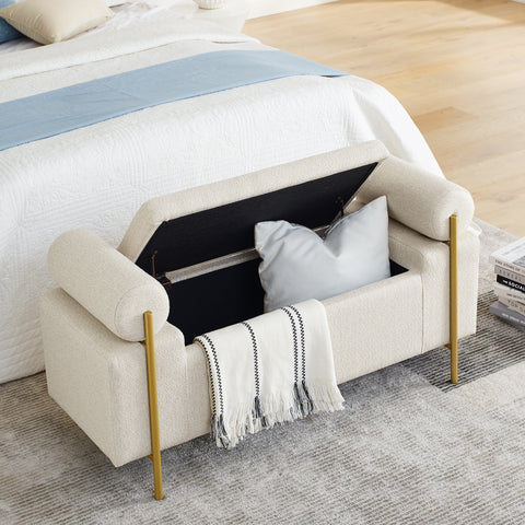 Elegant Beige Upholstered Linen Ottoman Chair with Storage, Cylindrical Arms&Iron Legs, Perfect for Hallway, Living Room&Bedroom