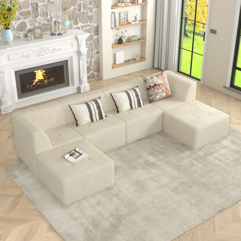 U-Shape Modular Sectional Sofa, Compressed Corduroy Couch in Modern Minimalist Style, Comfortable Sleeper Sofa for Living Room and Bedroom, Space-Efficient Design