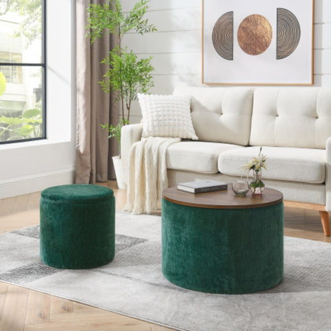 2-Piece Set Round Chenille Storage Ottoman with Drum-Shaped Small Stool, Ample Storage Space & MDF Desktop Panel for Convenient