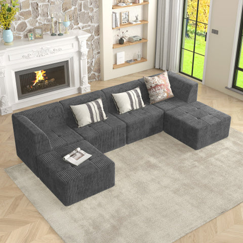 U-Shape Modular Sectional Sofa, Compressed Corduroy Couch in Modern Minimalist Style, Comfortable Sleeper Sofa for Living Room and Bedroom, Space-Efficient Design