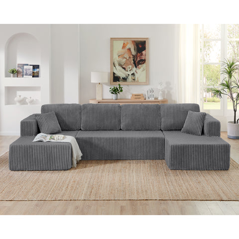 U shape Modular Sectional Sofa, Compressed Sectional Sofa Modern Minimalist Style Corduroy Couch, Sleeper Sofa for Living Room, Bedroom, Comfy Compressed Sofa Couch Space-Efficient Design-green