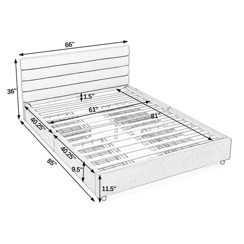 Queen size cushioned bed, comfortable cushioned bed frame, headboard and solid bed frame -  (85 "x 66" x 36 ")
