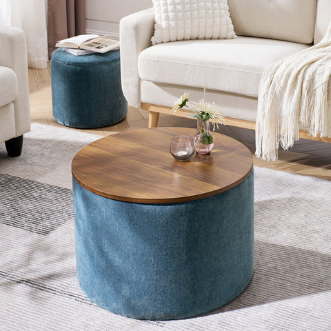 2-Piece Set Round Chenille Storage Ottoman with Drum-Shaped Small Stool, Ample Storage Space & MDF Desktop Panel for Convenient