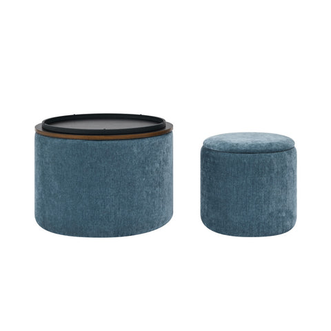 2-Piece Set Round Chenille Storage Ottoman with Drum-Shaped Small Stool, Ample Storage Space & MDF Desktop Panel for Convenient
