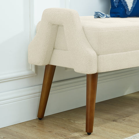 Modern Living Room Bench with Looped Yarn Fabric, Soft Cushion, Geometric Armrests & Rubber Wooden Legs, for Living Rooms, Bedrooms & Entrances