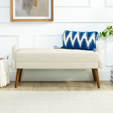 Modern Living Room Bench with Looped Yarn Fabric, Soft Cushion, Geometric Armrests & Rubber Wooden Legs, for Living Rooms, Bedrooms & Entrances