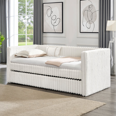 Twin Size Daybed, Upholstered sofa bed,The bottom pulls out to form a bed ,Plaid corduroy fabric(86"*43.5"*34")