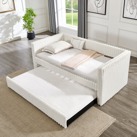 Twin Size Daybed, Upholstered sofa bed,The bottom pulls out to form a bed ,Plaid corduroy fabric(86"*43.5"*34")