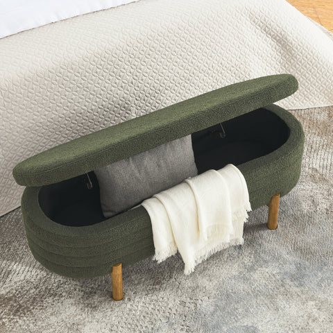 Oval Ottoman Chair with Storage, Beige Upholstery & Rubber Wood Legs, Perfect for Living Room & Bedroom (46" x 17.7" x 10.8")