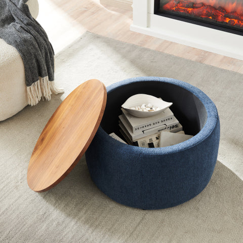 Round Storage Ottoman 2-in-1, End Table & Ottoman, Natural, 25.5"x25.5"x14.5", Hidden Storage for Living Room or Bedroom