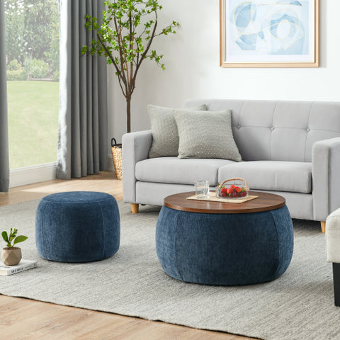 Round Storage Ottoman – 2-in-1 End Table and Ottoman with Room Drawers, Small Seat, 25"x25"x14.7", Stylish and Practical