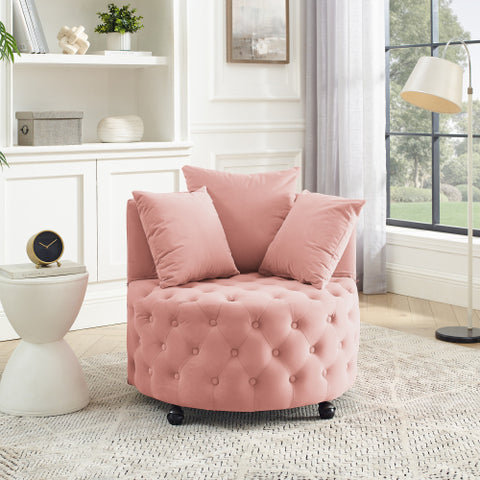 Velvet Upholstered Swivel Chair for Living Room, Button Tufted Design, Movable Wheels, Includes 3 Pillows, Stylish Accent Chair