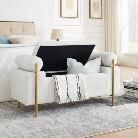 Elegant Beige Upholstered Linen Ottoman Chair with Storage, Cylindrical Arms&Iron Legs, Perfect for Hallway, Living Room&Bedroom
