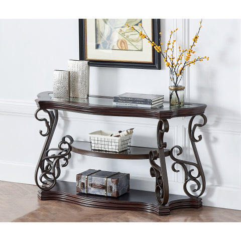 Modern Sofa Table with Elegant Glass Tabletop, MDF Middle Shelf Covered in Marble Paper, Sturdy Powder-Coated Metal Legs for Living Room