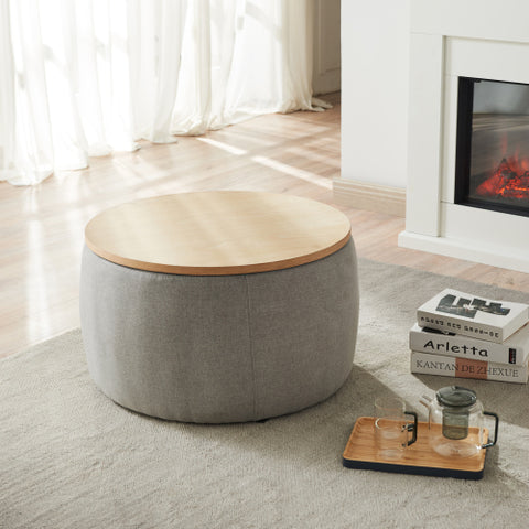 Round Storage Ottoman 2-in-1, End Table & Ottoman, Natural, 25.5"x25.5"x14.5", Hidden Storage for Living Room or Bedroom