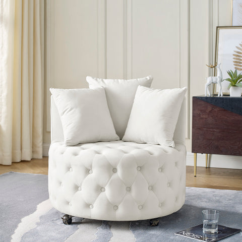 Velvet Upholstered Swivel Chair for Living Room, Button Tufted Design, Movable Wheels, Includes 3 Pillows, Stylish Accent Chair