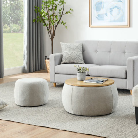 Round Storage Ottoman – 2-in-1 End Table and Ottoman with Room Drawers, Small Seat, 25"x25"x14.7", Stylish and Practical
