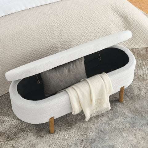 Oval Ottoman Chair with Storage, Beige Upholstery & Rubber Wood Legs, Perfect for Living Room & Bedroom (46" x 17.7" x 10.8")