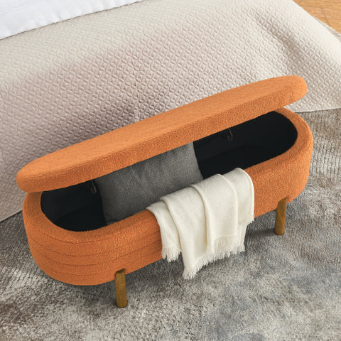 Oval Ottoman Chair with Storage, Beige Upholstery & Rubber Wood Legs, Perfect for Living Room & Bedroom (46" x 17.7" x 10.8")