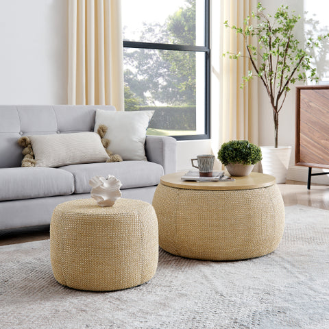 Round Storage Ottoman – 2-in-1 End Table and Ottoman with Room Drawers, Small Seat, 25"x25"x14.7", Stylish and Practical
