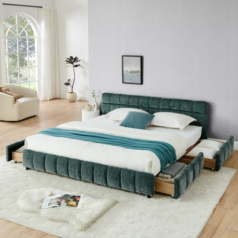 King Size Upholstered Bed ,comfortable upholstered bed frame, Chenille fabric, with headboard and solid bed frame. With drawer for storage.(88.5''*85.5''*31'')