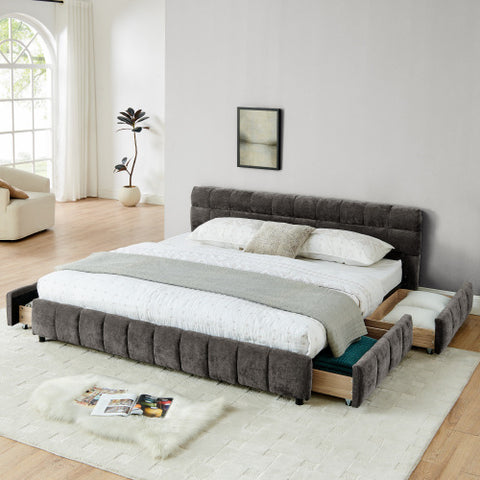 King Size Upholstered Bed ,comfortable upholstered bed frame, Chenille fabric, with headboard and solid bed frame. With drawer for storage.(88.5''*85.5''*31'')