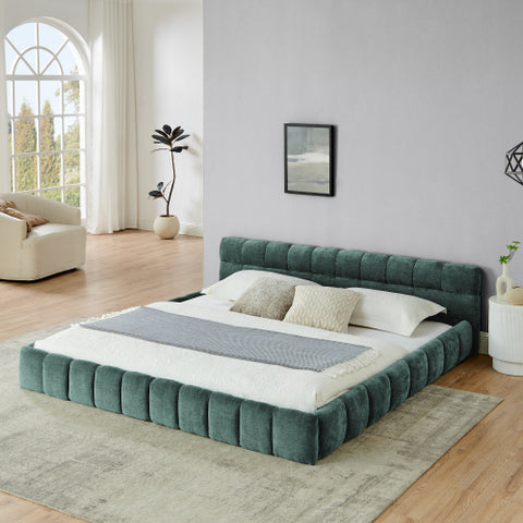King size Upholstered Bed Frame with Thick Fabric, Chenille Fabric Grounded Queen Size Platform Bed with Headboard and Solid Frame. No Box Spring Needed(88.5''*85.5''*24'')
