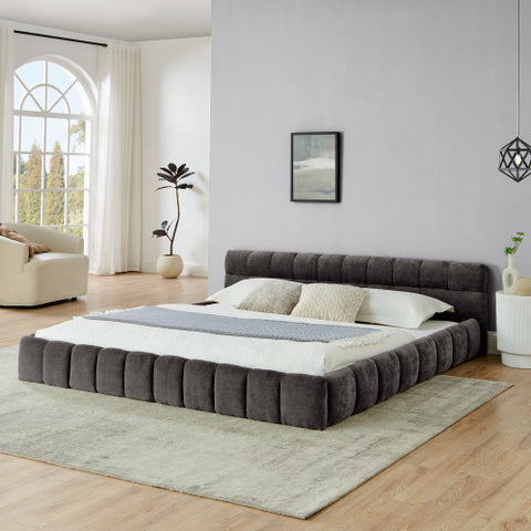 King size Upholstered Bed Frame with Thick Fabric, Chenille Fabric Grounded Queen Size Platform Bed with Headboard and Solid Frame. No Box Spring Needed(88.5''*85.5''*24'')