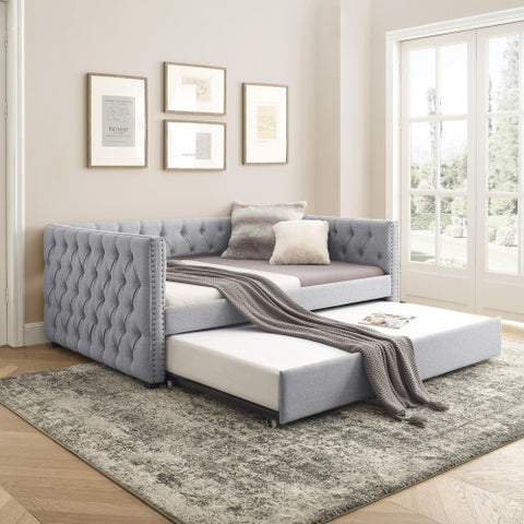 Daybed with Trundle, Upholstered Tufted Sofa Bed, Button & Copper Nail Detail on Square Arms, Twin Size, Beige (85"x42.5"x31.5")