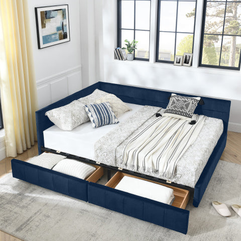 Queen Size Storage Upholstered Tufted Bed Frame with Sofa-Style Backrest & Armrests, Velvet Upholstery for Bedroom & Living Room