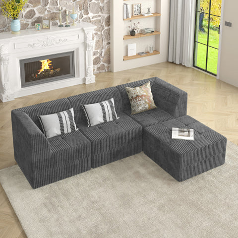 L-Shape Modular Sectional Sofa, DIY Compressed Corduroy Couch in Modern Minimalist Style, Space-Efficient Sleeper Sofa for Living Room and Bedroom