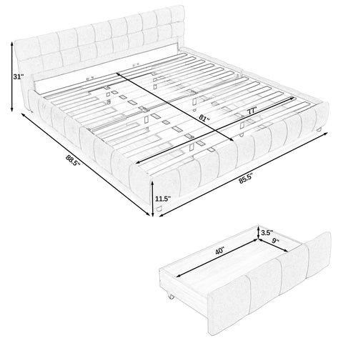 King Size Upholstered Bed ,comfortable upholstered bed frame, Chenille fabric, with headboard and solid bed frame. With drawer for storage.(88.5''*85.5''*31'')