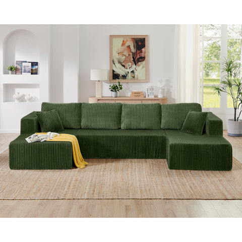 U shape Modular Sectional Sofa, Compressed Sectional Sofa Modern Minimalist Style Corduroy Couch, Sleeper Sofa for Living Room, Bedroom, Comfy Compressed Sofa Couch Space-Efficient Design-green