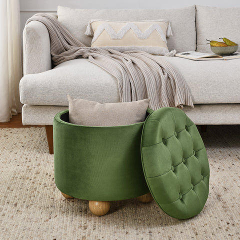Round Storage Ottoman, multi-functional round flannel button Ottoman, lid can be turned over as a table top, with storage space