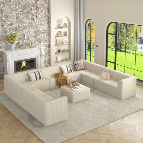 U-Shaped Modular Sectional Sofa, DIY Compressed Corduroy Couch, Modern Minimalist Sleeper Sofa for Living Room & Bedroom, Comfy & Space-Efficient