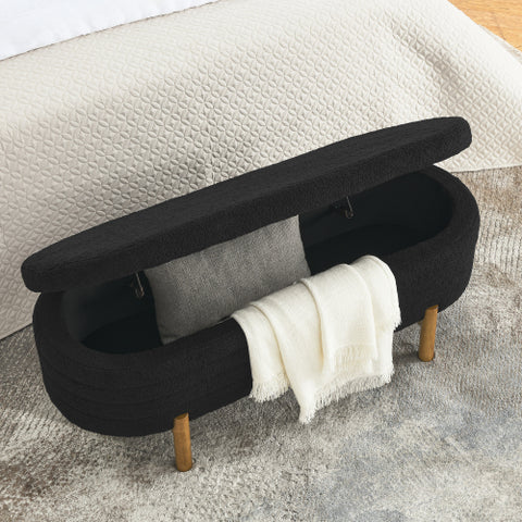 Oval Ottoman Chair with Storage, Beige Upholstery & Rubber Wood Legs, Perfect for Living Room & Bedroom (46" x 17.7" x 10.8")