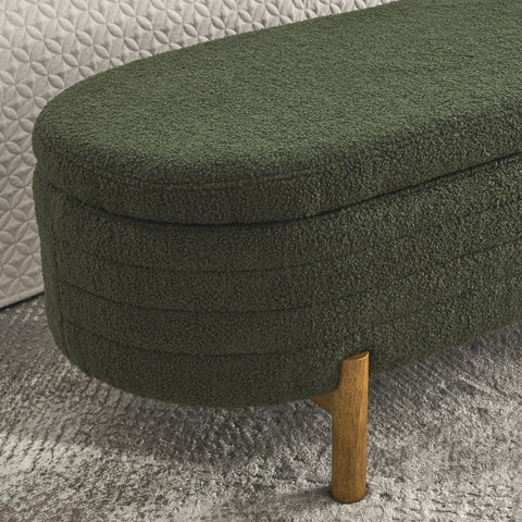 Oval Ottoman Chair with Storage, Beige Upholstery & Rubber Wood Legs, Perfect for Living Room & Bedroom (46" x 17.7" x 10.8")