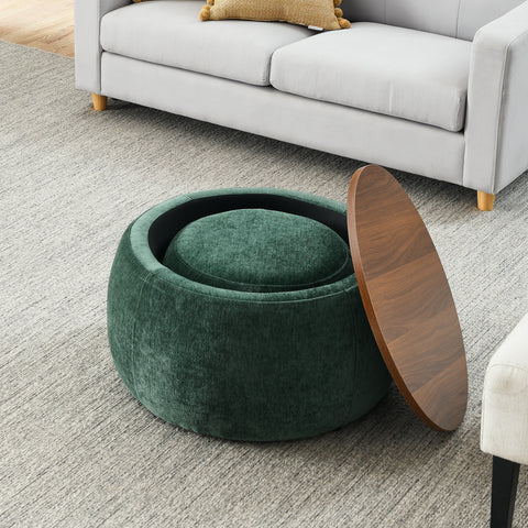 Round Storage Ottoman – 2-in-1 End Table and Ottoman with Room Drawers, Small Seat, 25"x25"x14.7", Stylish and Practical