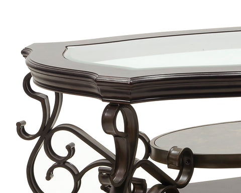 Modern Sofa Table with Elegant Glass Tabletop, MDF Middle Shelf Covered in Marble Paper, Sturdy Powder-Coated Metal Legs for Living Room