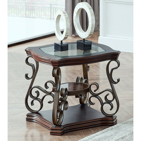 Modern Sofa Table with Elegant Glass Tabletop, MDF Middle Shelf Covered in Marble Paper, Sturdy Powder-Coated Metal Legs for Living Room