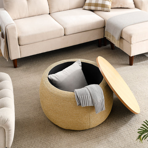 Round Storage Ottoman 2-in-1, End Table & Ottoman, Natural, 25.5"x25.5"x14.5", Hidden Storage for Living Room or Bedroom